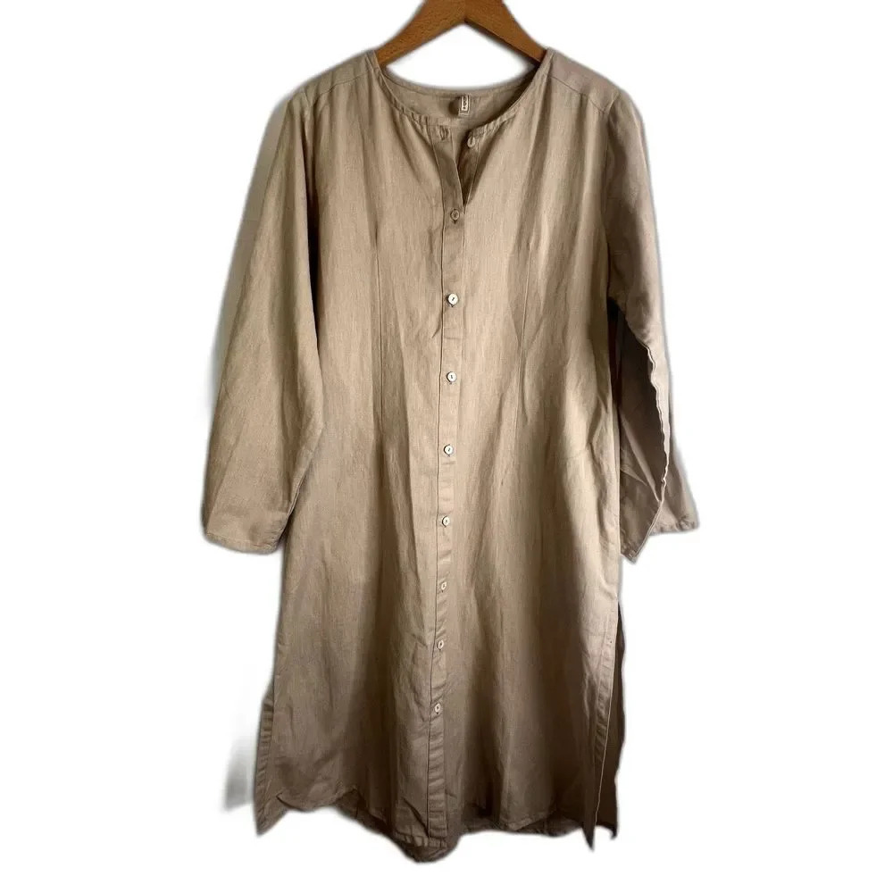 Embellish Brand Khaki Button Front Slit Side Long Sleeve Tunic Dress Size Medium
